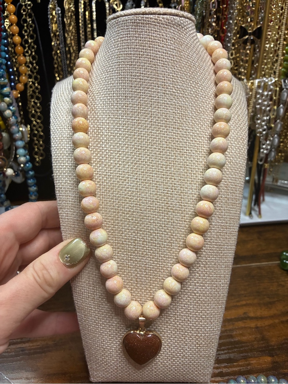 Handmade Peach Glasd Beaded Necklace with Sandstone Heart Pendant